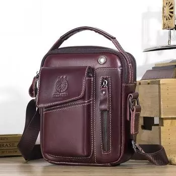 The First Layer of Cowhide New Men s One-shoulder Messenger Bag European and American Men s Retro Leather Business Casual Small Bag 18.5cm*10cm*22.5cm коричневый