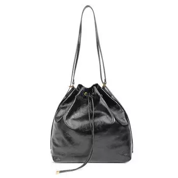 The First Layer of Oil Waxed Cowhide Bag Female Bucket Bag High-grade Sense Niche Simple Large Capacity Underarm Bag чёрный