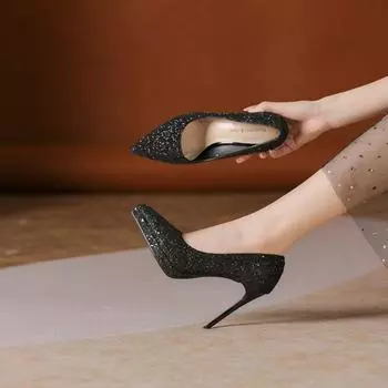 The new Glitter sequined wedding shoes banquet versatile celebrity ladies with skirts and super high heels 34 серебряный