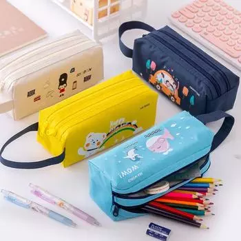 The New Large-capacity Double Zipper Oxford Cloth Double-layer Pencil Bag Cartoon Stationery