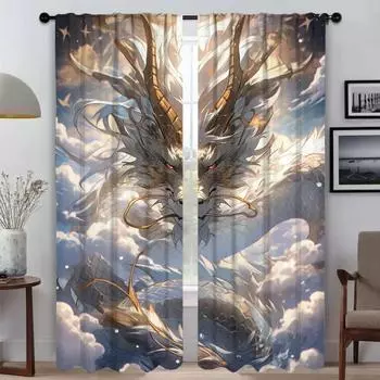 The Sky Guardian Dragon Kitchen Curtains for Living Room Curtain Halloween Decoration Tulle for Bedroom Partition Shades Elegant W50xH70cmx2pcs-CL