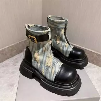Thick Bottom Cowboy Female Women Boots Platform Thick Sole Short Boots for Women Lady Motorcycle Boots Women D304 35