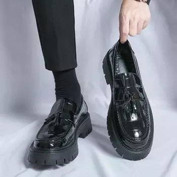 Thick Bottom Men s Business Patent Leather Shoes Slip-on Tassel Shoes Student Office Loafers Black Shoes Kerae 2024 38 чёрный