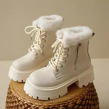 Thick Bottom Motorcycle Winter Boots Women Faux Fur Platform Plush Ankle Boots Woman Outdoor Non-Slip Warm Short Botas Mujer 35 бежевый
