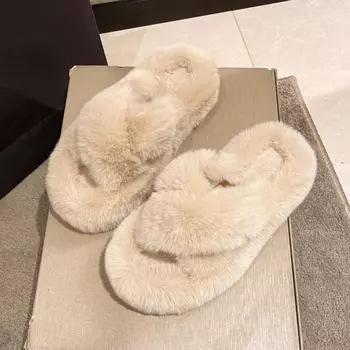 Thick-bottomed fluffy slippers women s 2025 autumn and winter new Korean version large-size flat-bottomed one-word warm cotton slippers 35 чёрный