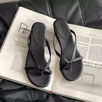 Thick-bottomed small flip-flops summer temperament suede toe slope heel cool slippers 35