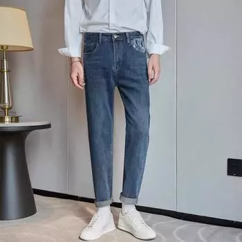 Thick Denim Pants Men Slim Fit Straight Small Leg Jeans Solid Color Casual Pants Men 30 чёрный