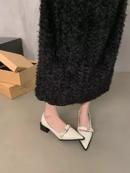 thick heel black pointed high heel single shoes women s 2025 new Korean version French small leather shoes retro commuter loafers shoes 35 чёрный