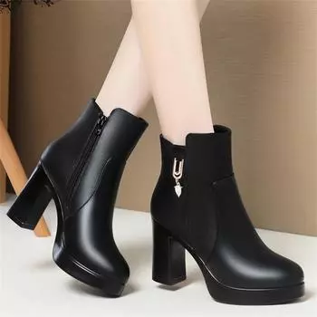Thick heel Non-slip Plus Fleece Thick Sole Platform Shoes 2024 Winter Luxury Black Super High Heel Ankle Boots for Women 34(Foot22cm)