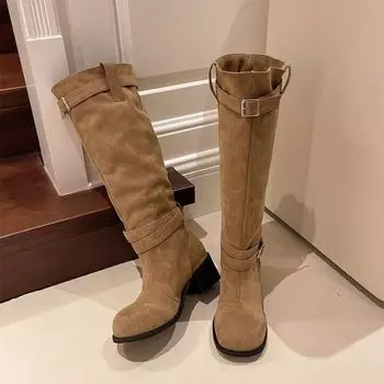 Thick heel thick sole pleated stack boots women s retro British style thin versatile knight boots 2024 autumn and winter 35