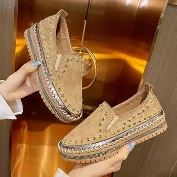 Thick Sole Increase Casual Single Shoes Spring and Autumn New Round Head Retro Rivets A Slip-on Loafers Women 35 чёрный