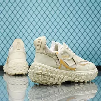 Thick sole Mens Casual Shoes Autumn Breathable Mesh Man Chunky Sneakers Solid Color Wear-resistant Shoe Outdoor Non-slip Fashion 39 бежевый