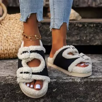 Thick-soled fluffy slippers for women outside 2025 autumn new one-word with velvet cotton slippers for women outside home wear cotton shoes 36 чёрный