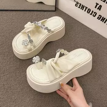 thick-soled heightening and cool slippers for women s summer wear, new models with skirts, fashionable cover, toe rhinestone high-heeled sandals. 35