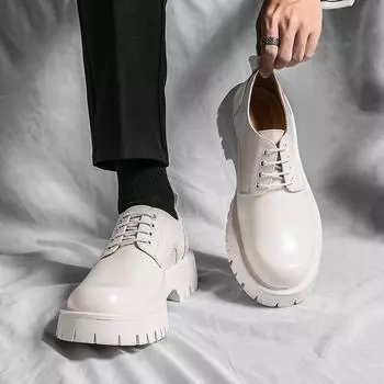 Thick-soled heightening white leather shoes for men 2025 spring and autumn new retro single shoes for men s business dress round head leather shoes 38 белый