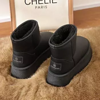 Thick-soled leather snow boots women s 2024 new thickened winter waterproof cotton shoes warm velvet thickened cold-proof cotton boots 35