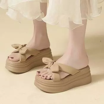 Thick-soled one-word slippers women s fashion summer soft-soled new Internet celebrity bow cool slippers women s versatile beach shoes women 35
