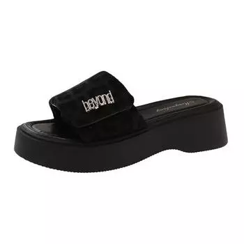 Thick-soled one-word with retro slippers women s new round head small sandals gentle height sandals 35