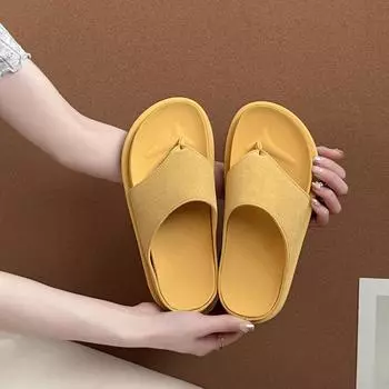 Thick-soled retro yellow pinch-on flip-flops shoes women s shoes new summer wear seaside sandals 35