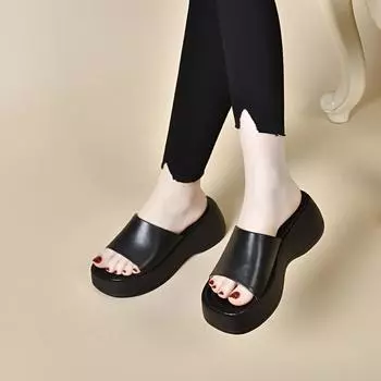 Thick-soled slippers for women s outer wear summer new simple temperament open-toed muffin and cowhide women s sandals 35