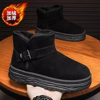 Thick-soled snow boots for men and women winter 2025 new velvet thickened muffin short tube matte leather cotton shoes non-slip 36 оливковое зеленый
