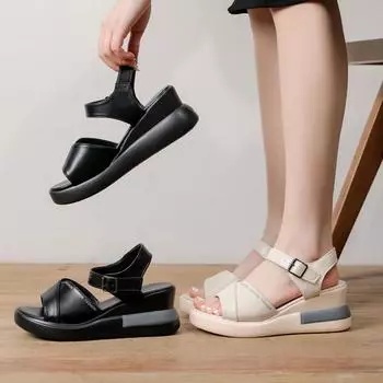 thick-soled wedge sandals women s 2025 new spring and summer Korean version muffin heel buckle with open-toed high-heeled Roman sandals women 35 чёрный
