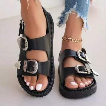 Thick Soled Women s Sandals 2025 Classic Retro Plus Size Rivet Casual Women s Roman Sandals Flat Shoes women shoes zapatos mujer 35 чёрный