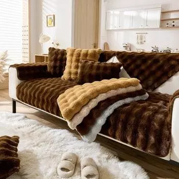 Thicken Rabbit Plush Sofa Cover Nordic Solid Color Sofa Cover Non-slip Couch Slipcovers Autumn Winter Sofa Mat Living Room Decor 70x70