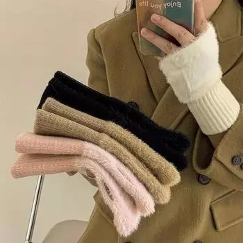Thickened Fleece-lined Gloves Autumn Winter Warm Winterproof Half-finger Gloves Comfortable Soft Fabric Gloves for Adults розовый