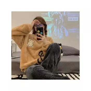 Thickened Warm Flannel Sleepwear Homewear for Winter Round Neck Tops and Trousers Nightwear Loungewear Girl Cartoon Bear Pajamas L