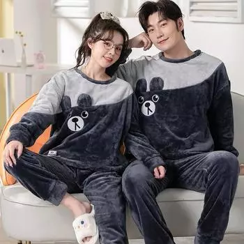 Thickened Warm Winter Sleepwear Flannel Women Home Wear Padded Long-Sleeved Pajamas Cartoon Bear Dog Cat High Quality Plus Size XL