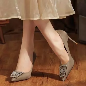 Thin heel pointed rhinestone classic versatile daily high heels temperament simple 34