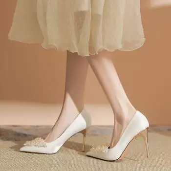 Thin heel rhinestone light mouth high heels women s shoes satin temperament single shoes banquet shoes wedding shoes 34