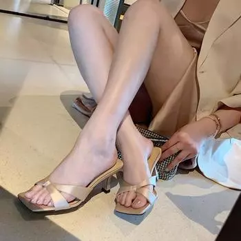 Thin Heels Women s Heeled Shoes Retro Womens Shoes Fashion Female Slippers Square Head Pumps 2024 New Versatile Pantuflas Mujer 35