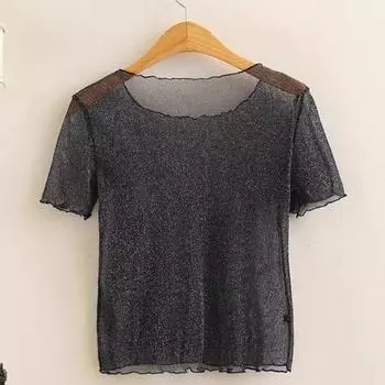 Thin Short Sheer Mesh T-shirt Summer New Fashion Wave Edge Elastic Bottoming Shirt Short Sleeve Bright Silk Women s Cover Black S