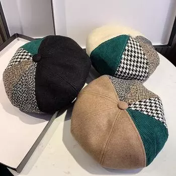 Thousand Bird Grid Color Blocked Beret Retro British Octagonal Hat Женская шляпа художника осень-зима шляпа тыква 56-58CM белый