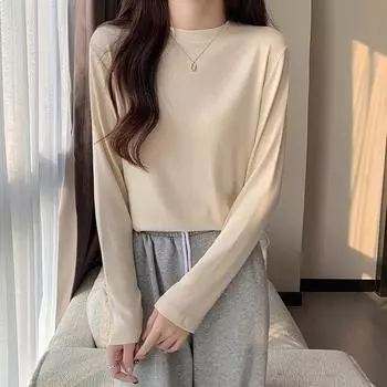 Threaded small stand-up collar bottoming shirt for women, spring and autumn new style, straight shoulder, slim fit, long-sleeved T-shirt top S