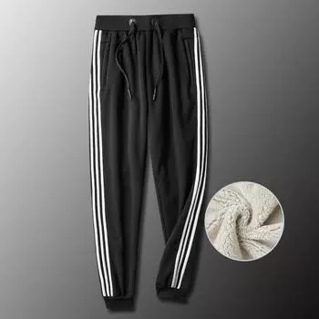 Three-bar Sports Pants for Men In Winter Plus Velvet Thickened Lamb Velvet Pants Warm and Trousers Men s Casual Pants L чёрный