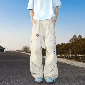 Three-dimensional Deconstructed Flower Embroidery Work Clothes Casual Pants for Men and Women Summer Design Loose Straight Trousers M