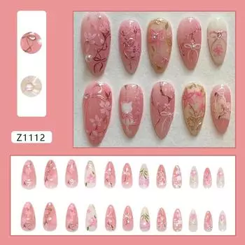 Three-dimensional lines flower gradual change bow sweet powder flash diamond pearl removable manicure 24 pieces