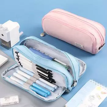 Three-Dimensional Macaron Color Double Window Pencil Case - Dirt-Resistant, Large-Capacity Stationery Bag