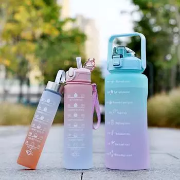 Three-piece Plastic Water Bottle High Appearance Level Space Cup Gradient Large Capacity Water Bottle Wholesale Straw Cup Bucket 2.0L зелёный