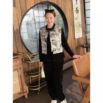 Three-Piece Suit Cover Belly Clothes Hide Meat New Chinese Style National Style Ladieswear Plus Size Women s Clothing Fashionable Spring & Fall Black XL (45.00 kg-52.50 kg recommended