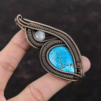 Tibetan Turquoise Pendant Copper Wire Wrapped Pendant Rainbow Moonstone Pendant Handmade Copper Jewelry Gemstone Jewelry Gift For Engagement