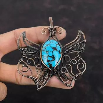 Tibetan Turquoise Pendant Copper Wire Wrapped Pendant Handmade Copper Jewelry Butterfly Pendant Real Gemstone Pendant Wire Wrapping Jewelry