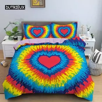 Tie Dye Duvet Cover Set Rainbow Bedding Set Vibrant Color Spiral Tie Dye Design Boys Girls Boho Bedding Set Bedroom Decoration EU single(135x200cm)