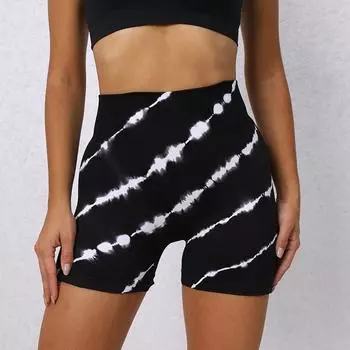 Tie Dye Спортивные Беговые Бесшовные Шорты Для Йоги Летние Высокой Талией Фитнес Пуш-Ап Леггинсы Для Йоги Женская Мода Slim Fit Повседневные Леди Леггинсы Шорты 24421 S чёрный