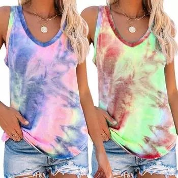 Tie Dye женские майки с V-образным вырезом жилет женская летняя повседневная футболка без рукавов S разноцветный