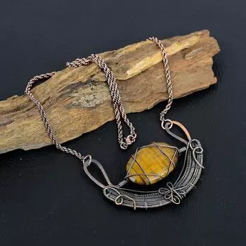 Tiger s Eye Gemstone Handmade Copper Wire Wrap Jewelry Wonderful Adjustable Necklace For Love 18 Inches With Adjustable жёлтый