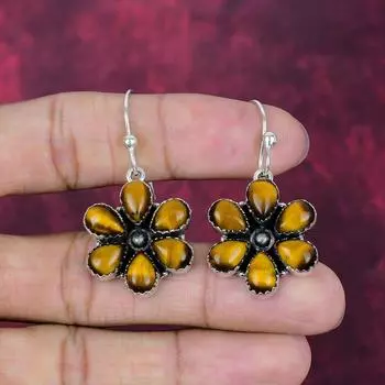 Tiger s Eye Gemstone Handmade Solid 925 Sterling Silver Earring Jewelry, For Memorial Day 1.77 Inches